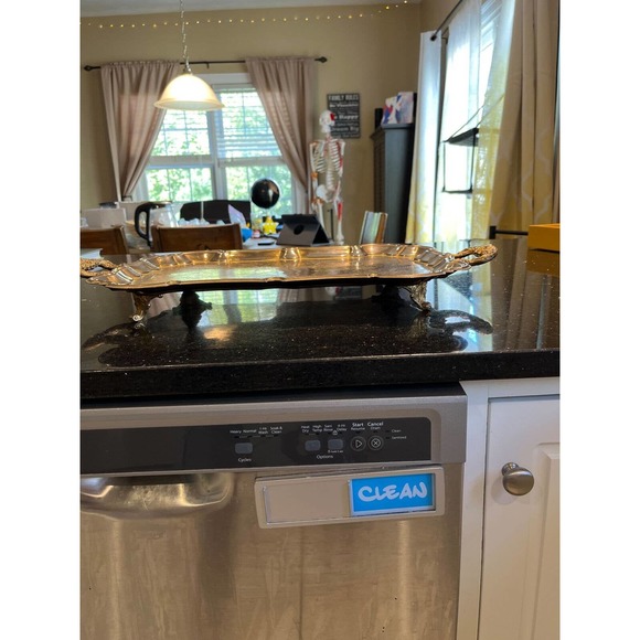 Vintage Gold Plate Butler Tray Relief Embossed Four Ornate Feet 23x13x2 Inches - Picture 3 of 11